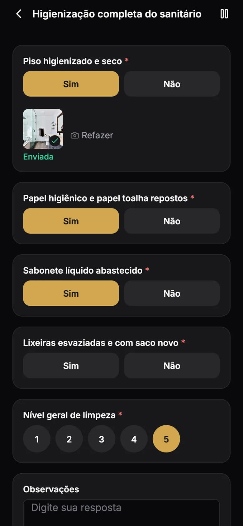 App de campo: checklist de higienização com foto de evidência enviada