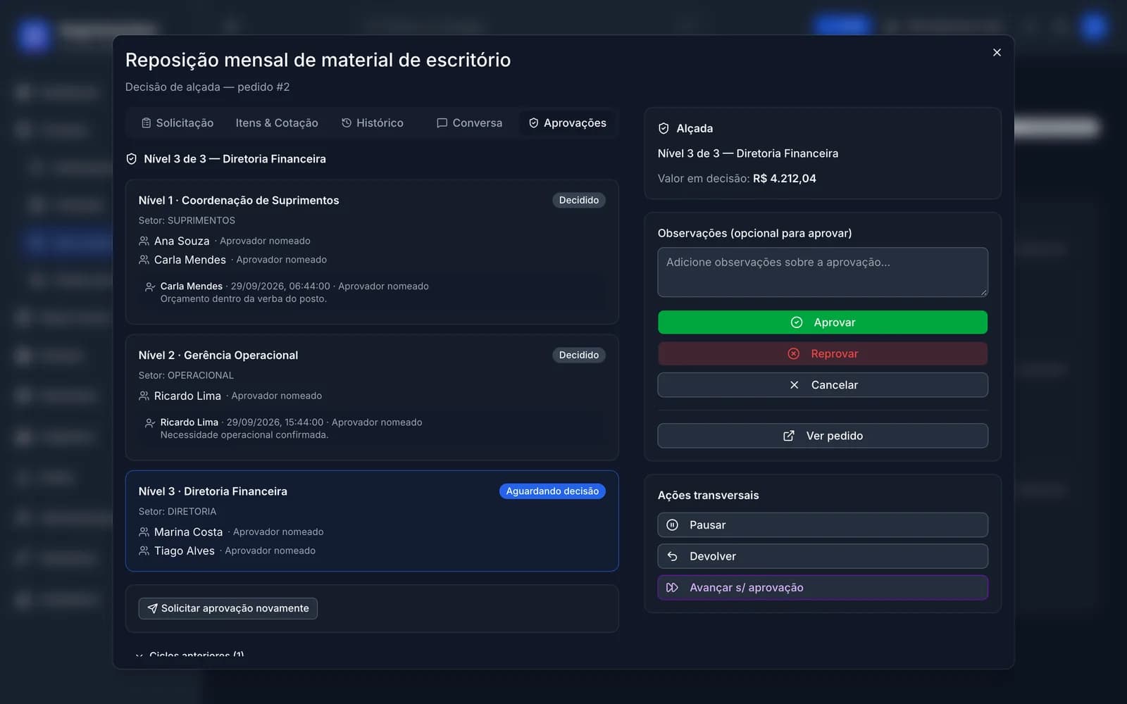 Pedido de compra com trilha de aprovação em três níveis de alçada
